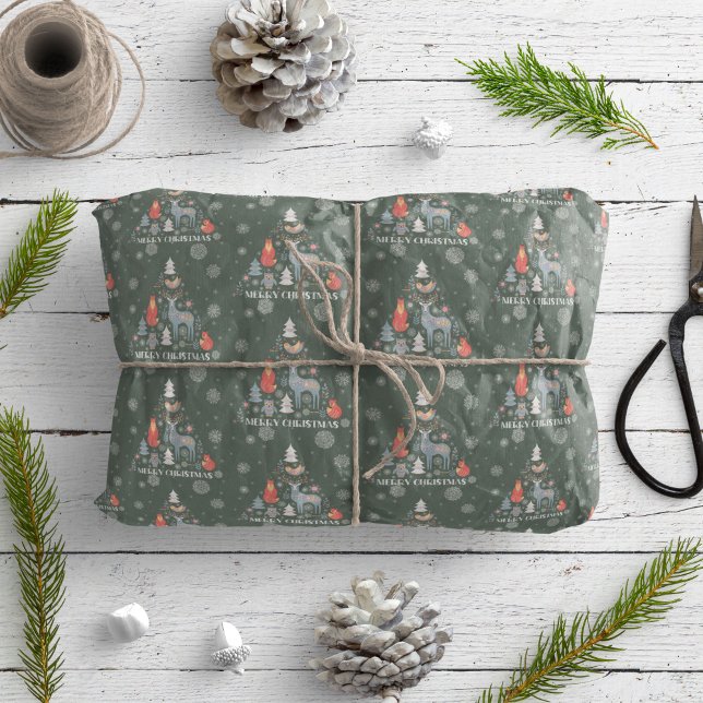 Snowflake Scandinavian Reindeer Tree Animal Green  Wrapping Paper (Creator Uploaded)