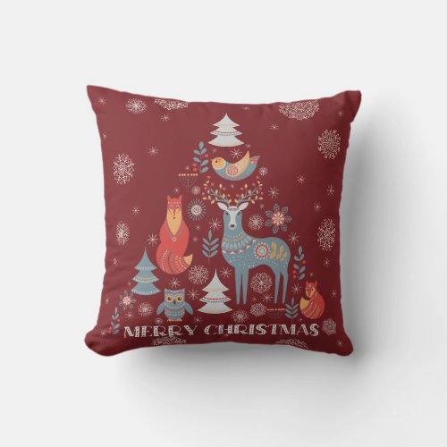Snowflake Scandinavian Reindeer Tree Animal Red  Throw Pillow