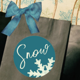 Snowflake script blue slate butter elegant winter classic round sticker