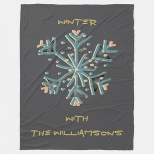 Snowflake script gray gold teal simple modern cute fleece blanket