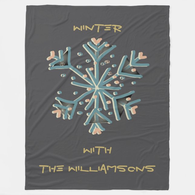 Snowflake script gray gold teal simple modern cute fleece blanket (Front)