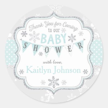 Snowflake Silver Glitter Winter Thank You Label by NouDesigns at Zazzle