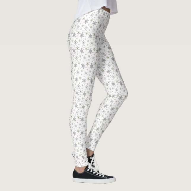 Snowflake Silver Gold Holiday Christmas White Leggings (Right)