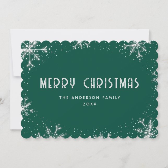 Snowflake Silver Green Snow Christmas Card (Front)