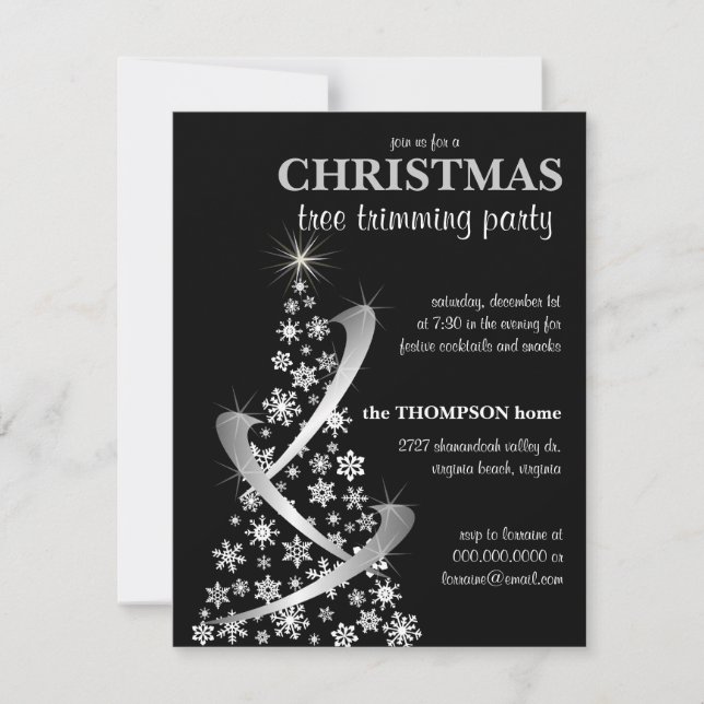Snowflake & Silver Ribbon Christmas Tree Invite (Front)