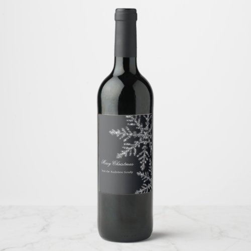 Snowflake Silver sparkles Black Background Wine Label