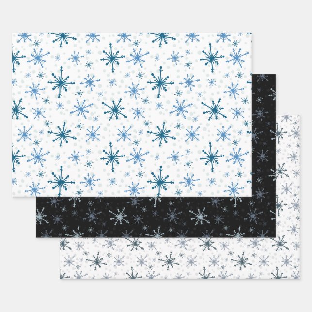 Snowflake Simple Pattern Winter Gift Giving 3 Wrapping Paper Sheets (Set)