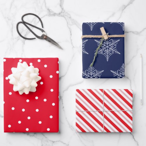 Snowflake snow dots and candy cane stripes wrapping paper sheets