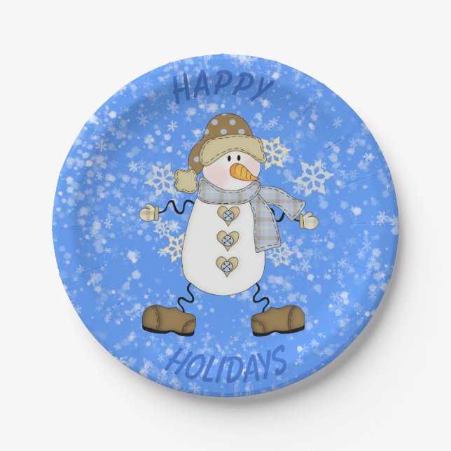 Snowflake Snowman Blue Paper Plates (Front)