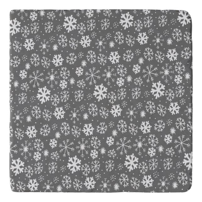 Snowflake Snowstorm With Silver Grey Background Trivet (Front)