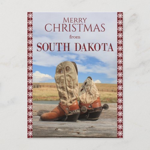 Snowflake South Dakota Cowboy Boots Christmas Holiday Postcard