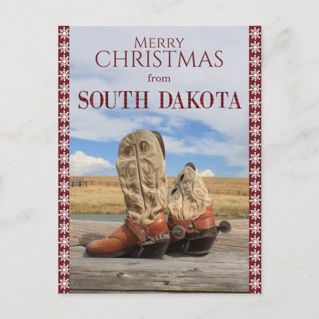 Snowflake South Dakota Cowboy Boots Christmas Holiday Postcard (Front)