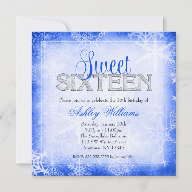 Snowflake Sparkle Blue Winter Wonderland Sweet 16 Invitation (Front)