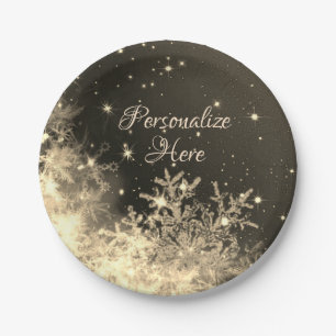 Snowflake sparkle gold brown cream winter paper plates