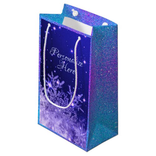 Snowflake sparkle purple blue white glitter look small gift bag