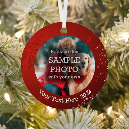 Snowflake Stars 2 Photos Red Personalized Metal Ornament