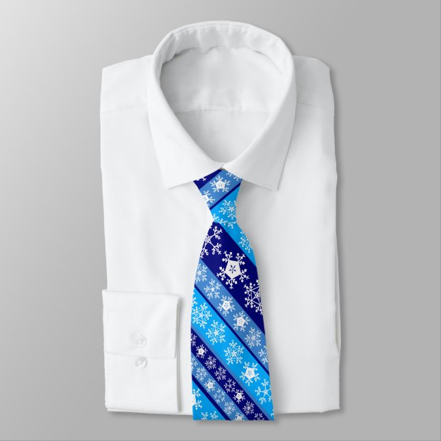 Snowflake Stripes Blue Neck Tie (Tied)