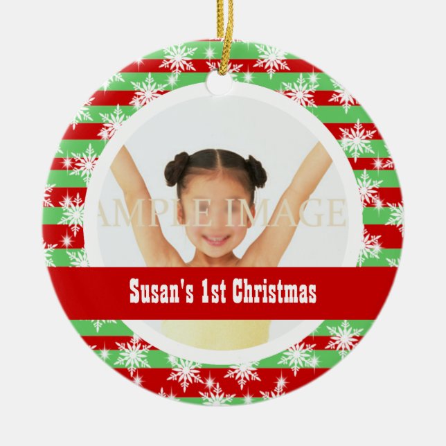 Snowflake stripes photo template ceramic ornament (Front)