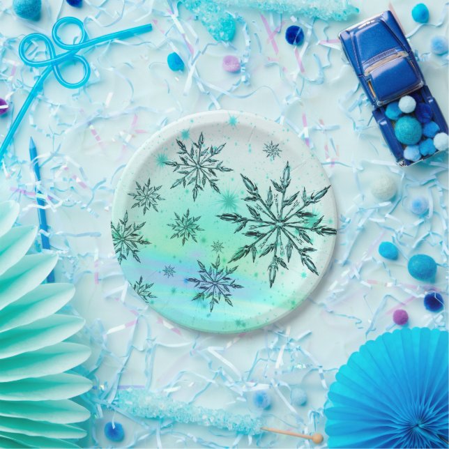 Snowflake swirl teal blue green white paper plates (Party)