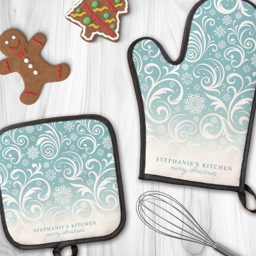 Snowflake Swirls On Blue Cute Custom Christmas Oven Mitt &Amp;Amp; Pot Holder Set