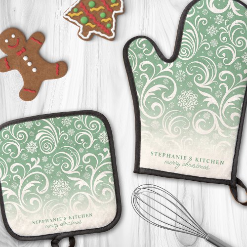 Snowflake Swirls On Green Cute Custom Christmas Oven Mitt &Amp;Amp; Pot Holder Set