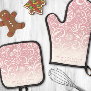 Snowflake Swirls On Pink Cute Custom Christmas Oven Mitt & Pot Holder Set