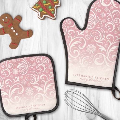 Snowflake Swirls On Pink Cute Custom Christmas Oven Mitt &Amp;Amp; Pot Holder Set