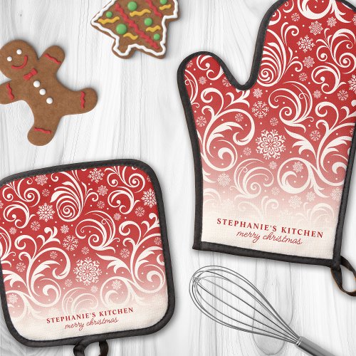 Snowflake Swirls On Red Cute Custom Christmas Oven Mitt &Amp;Amp; Pot Holder Set