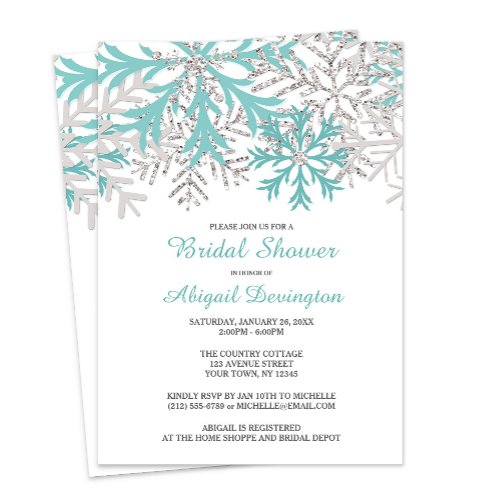 Snowflake Teal Blue Silver Winter Bridal Shower Invitation