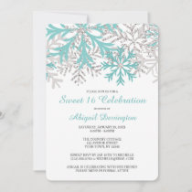 Snowflake Teal Blue Silver Winter Sweet 16 Invites