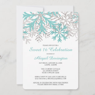 Snowflake Teal Blue Silver Winter Sweet 16 Invites