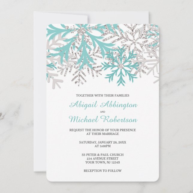 Snowflake Teal Blue Silver Winter Wedding Invites (Front)