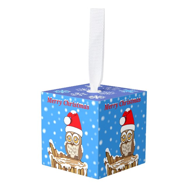 Snowflake the Owl at Christmas Cube Ornament (Front Angled)