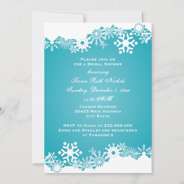 Snowflake turquoise  winter wedding bridal shower invitation (Front)