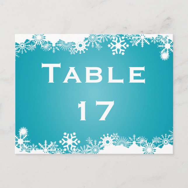 Snowflake turquoise winter wedding table number (Front)