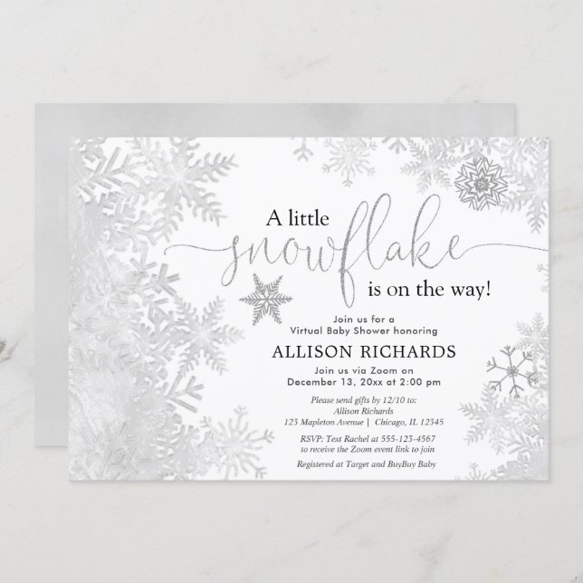 Snowflake Virtual baby shower silver white Invitation (Front/Back)