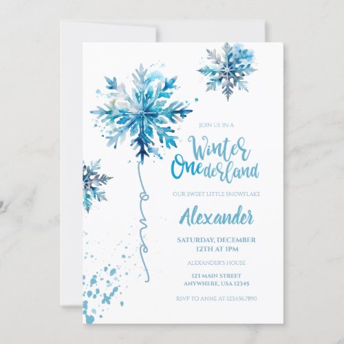 Snowflake Watercolor Blue Winter ONEderland Invitation