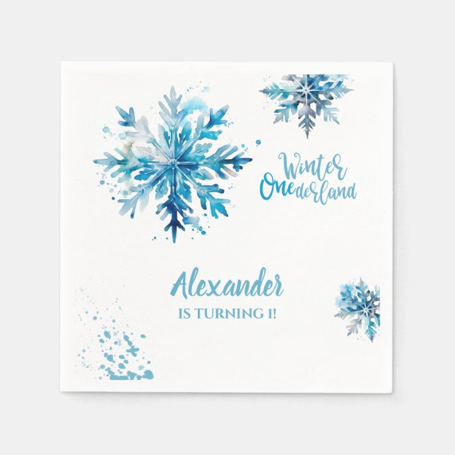 Snowflake Watercolor Blue Winter ONEderland Napkins (Front)