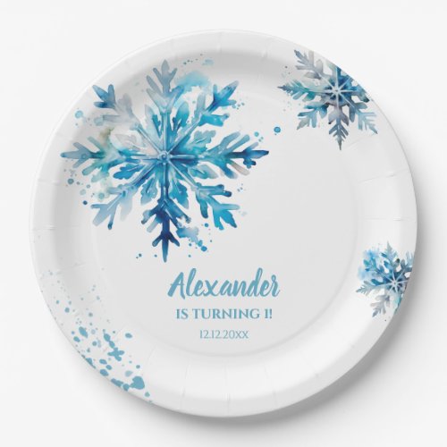 Snowflake Watercolor Blue Winter ONEderland Paper Plates