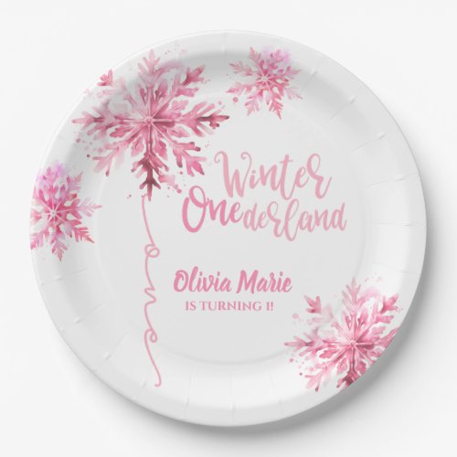 Snowflake Watercolor Winter ONEderland Birthday Paper Plates