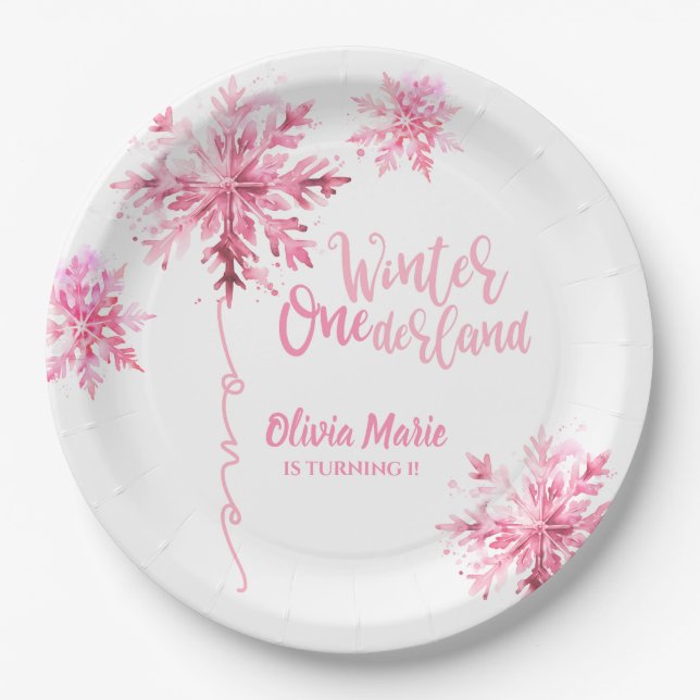 Snowflake Watercolor Winter ONEderland Birthday Paper Plates (Front)