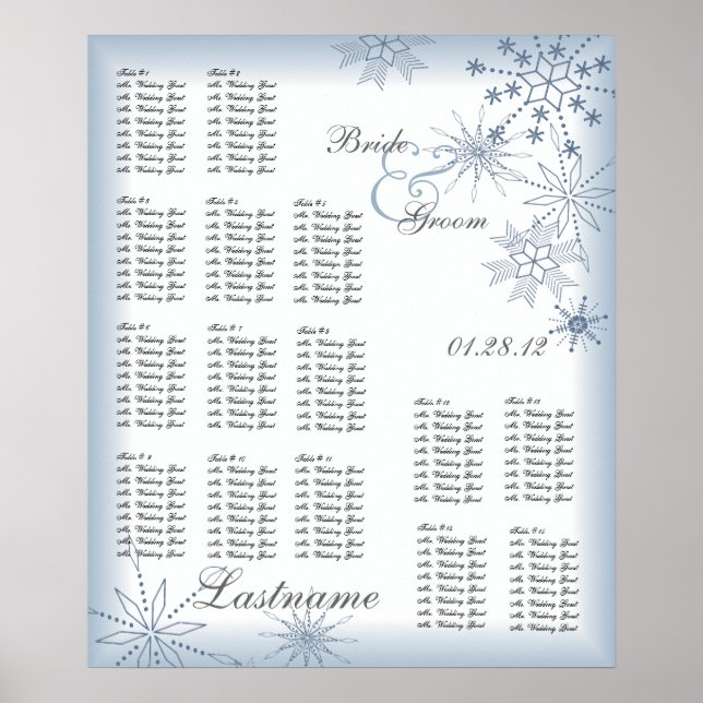 Snowflake Wedding Seating Chart Blue (Front)