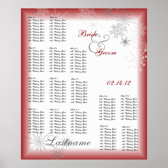 Snowflake Wedding Seating Chart Red Print