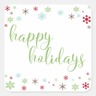 Snowflake Whimsy Happy Holidays, Apple Green Type Square Sticker