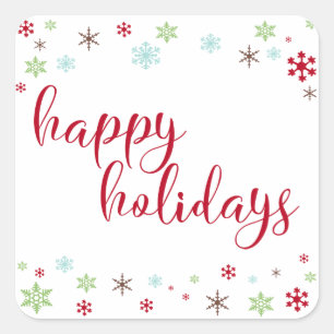 Snowflake Whimsy Happy Holidays Red Typography Square Sticker