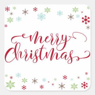 Snowflake Whimsy Merry Christmas Red Typography Square Sticker