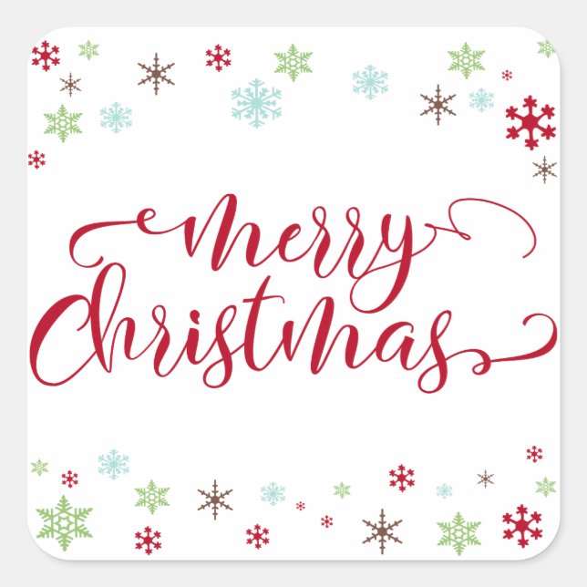 Snowflake Whimsy Merry Christmas Red Typography Square Sticker (Front)