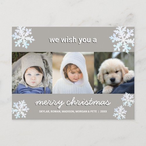 Snowflake White Opal 3 Photo Merry Christmas Postcard
