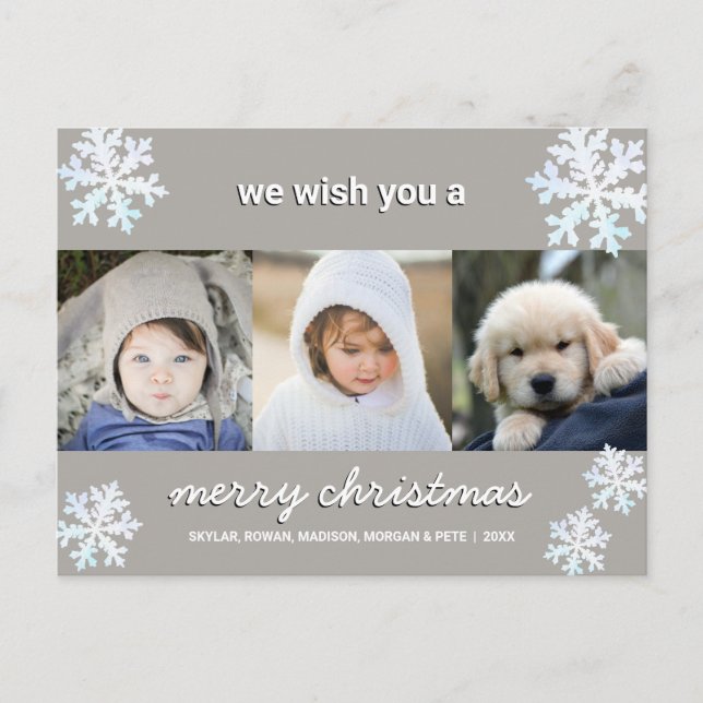 Snowflake White Opal 3 Photo Merry Christmas Postcard (Front)