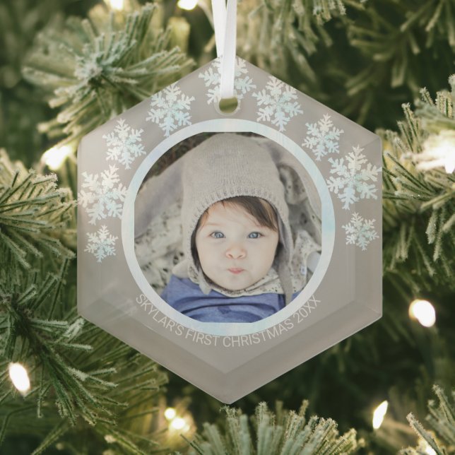 Snowflake White Opal Chic Round Photo Christmas Glass Ornament (Insitu)